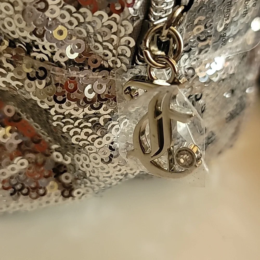 Juicy Couture Silver Sequins Zippered Cosmetic Bag with Small Toiletry Bottle - Picture 7 of 10